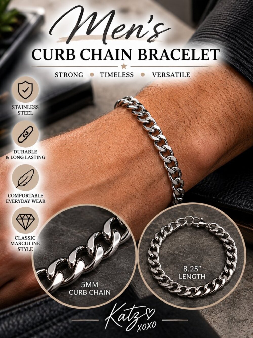 Men's Stainless Steel Curb Chain Bracelet 8.25" Silver 5mm Link Jewelry Classic
